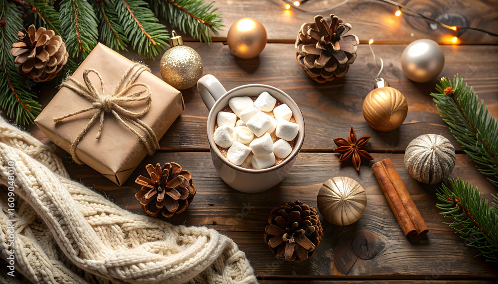 Fototapeta premium Winter Aesthetic Flat Lay – Gift Wrap, Cinnamon, and Cocoa on Wooden Surface