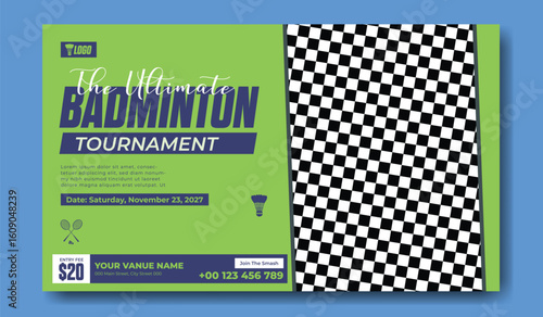 Vibrant Badminton Tournament Flyer Design with Checkered Pattern Accent