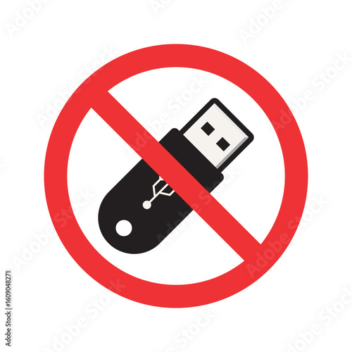 Prohibition sign with USB flash drive inside a red circle and line. Indicates restriction on USB device use. Perfect for cybersecurity, data protection, and information security contexts.