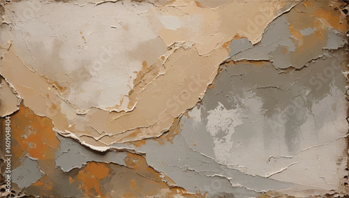 Rustic textured wall with peeling paint in beige, brown, and gray tones, ideal for vintage or industrial design backgrounds.