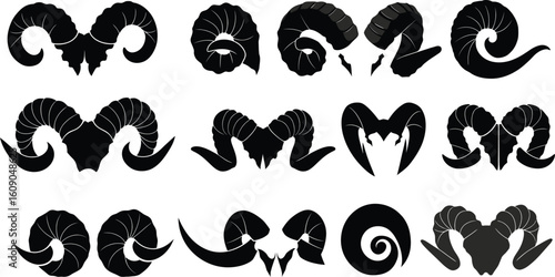 Illustration Vector Collection of Black Ram Horns in Various Shapes and Textured Grunge Style