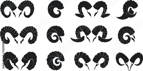 Illustration Art Vector Collection with Black Ram Horn Silhouette Elements for Logo Design and Minimalist Graphic Style