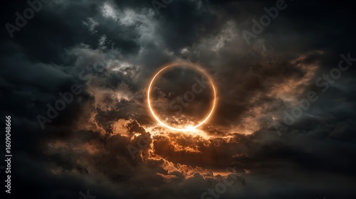 Solar eclipse with glowing light ring around dark moon in dramatic sky