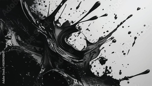 Dynamic black and white abstract background. Energetic paint or ink splatters and drips create a modern, artistic, and messy grunge texture.
