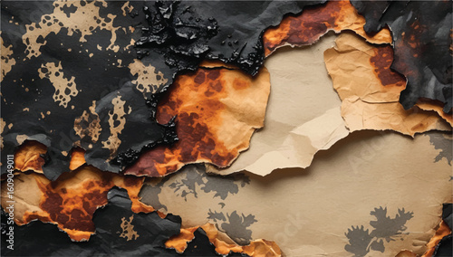 Abstract background of burnt and scorched paper. Grunge texture with charred edges, holes, and aged parchment, symbolizing fire and destruction.
