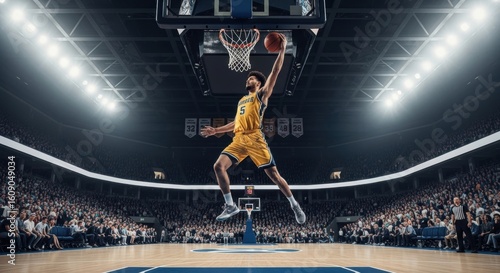 Dynamic Basketball Player Slam Dunking in Packed Arena, Spotlight on Athleticism and Competition