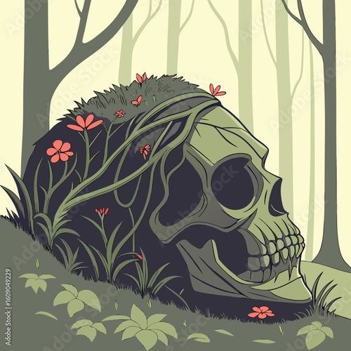 Skull overgrown with vines and flowers in a forest setting