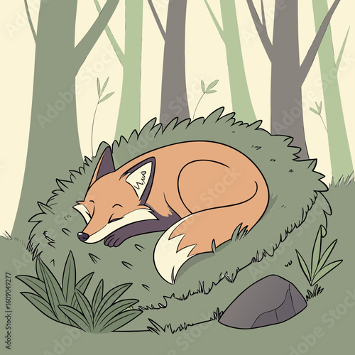 Cute cartoon fox sleeping peacefully in a grassy forest den