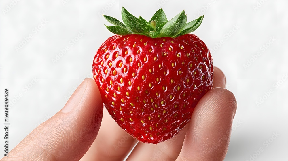 Obraz premium Hand Holding a Fresh, Juicy Strawberry with Water Drops on a Light Textured Background