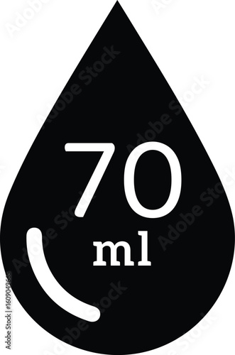 black drop icon displaying 70 ml liquid volume measurement in milliliters with bold white minimalist design

