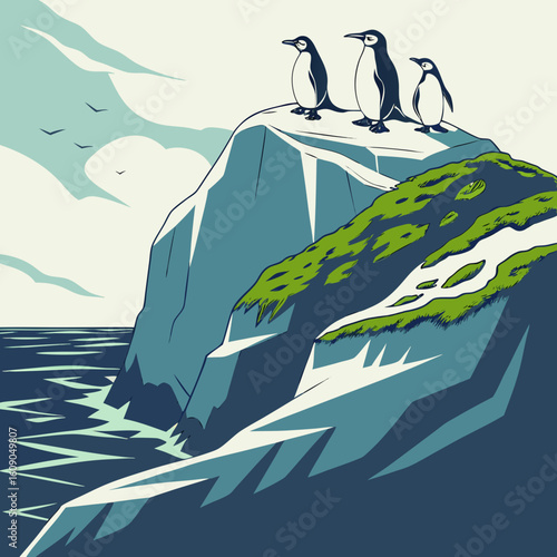 Three penguins stand on a rocky cliff overlooking the ocean