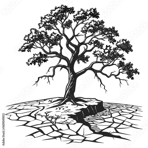 Lone tree on cracked dry earth illustration