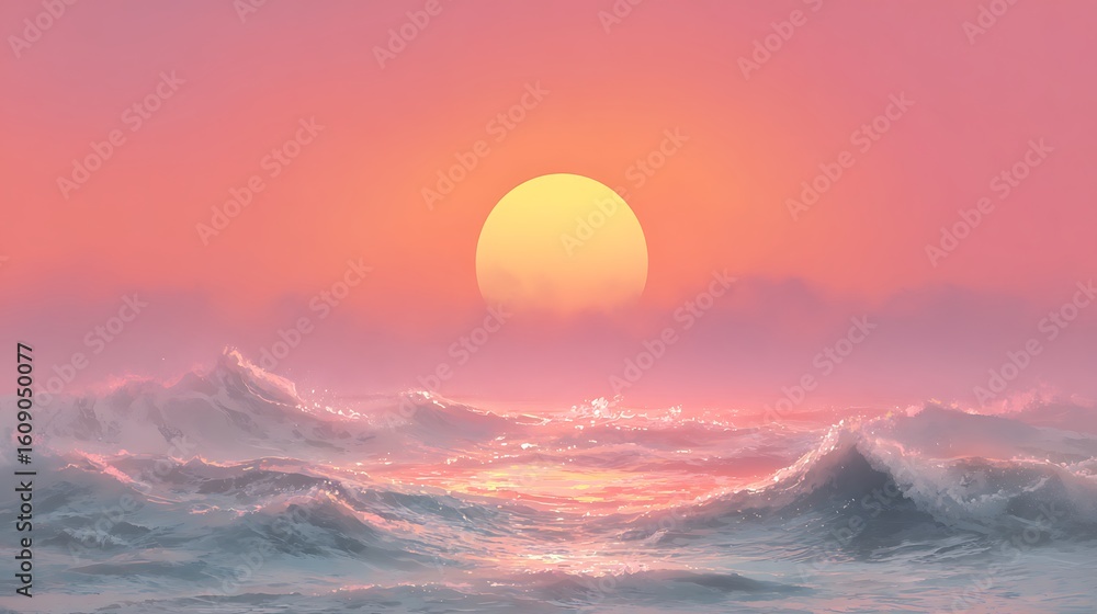 Fototapeta premium Sunset orange fading into gentle pink with smooth wave flow and soft vignette shadow
