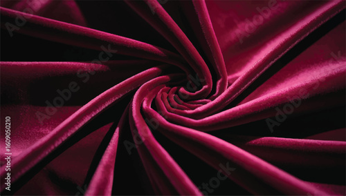 Luxurious magenta velvet fabric swirled into a spiral. Abstract background with a soft, rich texture and dramatic folds, resembling a rose.
