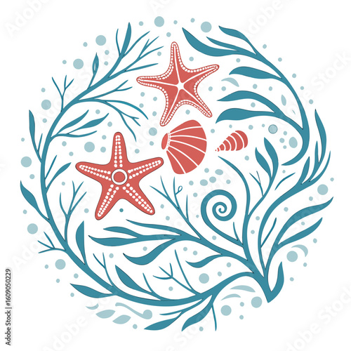 Circular design with starfish shells and seaweed