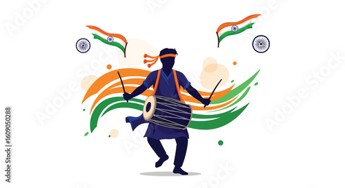 Silhouette of a man playing the dhol drum with Indian flags and abstract orange and green waves in the background.