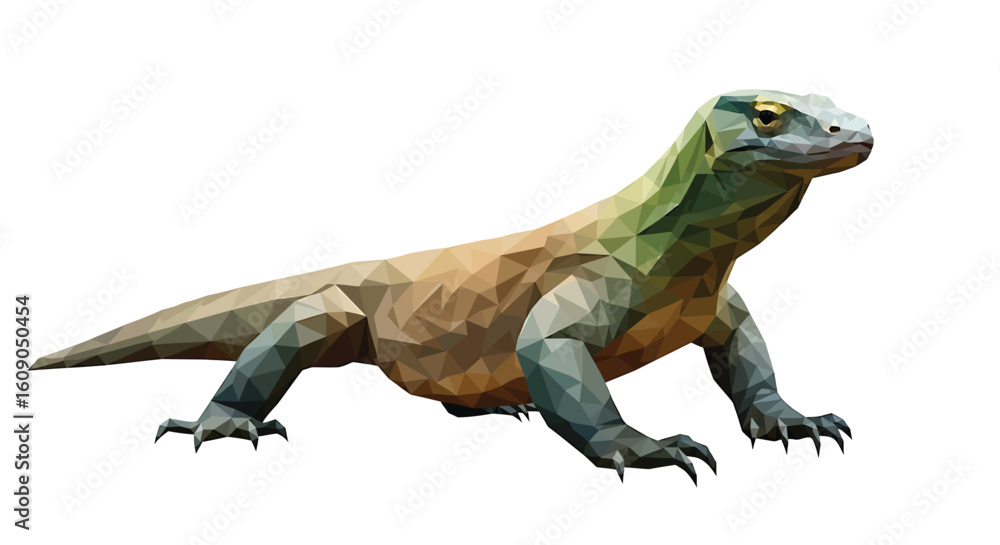 Obraz premium Low poly Komodo dragon illustration standing, featuring a polygonal design with shades of brown, green, and blue on a white background.