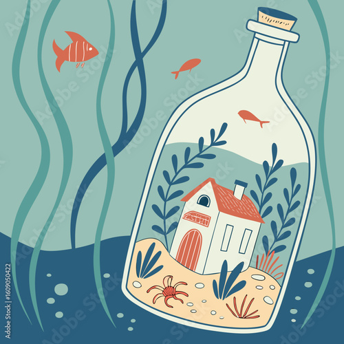 Whimsical illustration of a house trapped inside a glass bottle underwater with fish and plants
