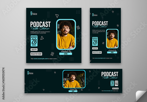 Podcast Talk Show Social Media Editable Post Template, Web Banner with Host Image, Date and Registration Details.