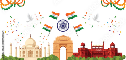 Illustration showcasing Indian landmarks like Taj Mahal, India Gate, Red Fort, national flags, Ashoka Chakra, doves, and festive garlands.
