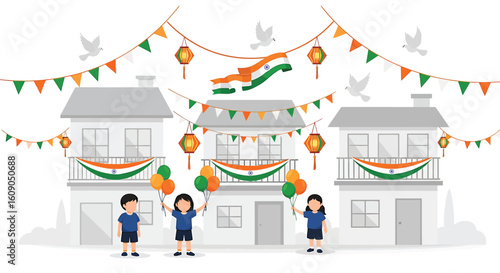 Three children celebrate India's Independence Day in front of decorated houses with flags, balloons, and festive bunting.