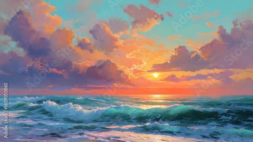 Vibrant ocean sunset with dramatic clouds. AI image