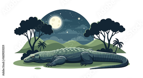 A Komodo dragon rests in a landscape with trees under a starry night sky and a bright full moon.