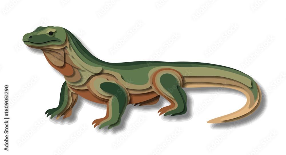 Obraz premium Illustration of a Komodo dragon with layered green, brown, and beige colors, standing on a white background with a subtle shadow.