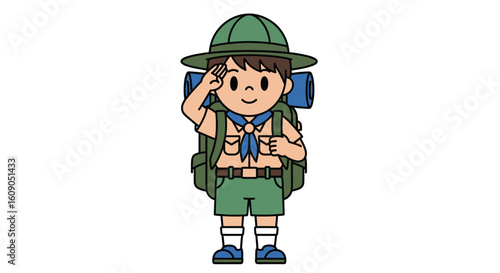A cartoon boy scout wearing a green uniform, hat, and backpack salutes with a friendly expression.