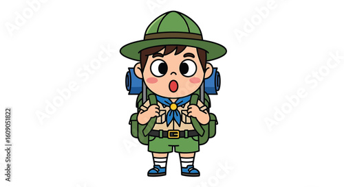 Cartoon illustration of a young boy scout wearing a uniform, hat, and backpack, looking surprised.