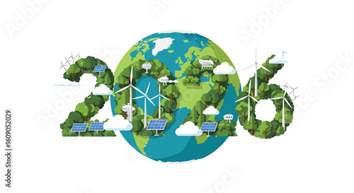 Illustration of the year 2016 formed by green foliage, solar panels, windmills, and clouds, representing environmental awareness and sustainable energy on planet Earth.
