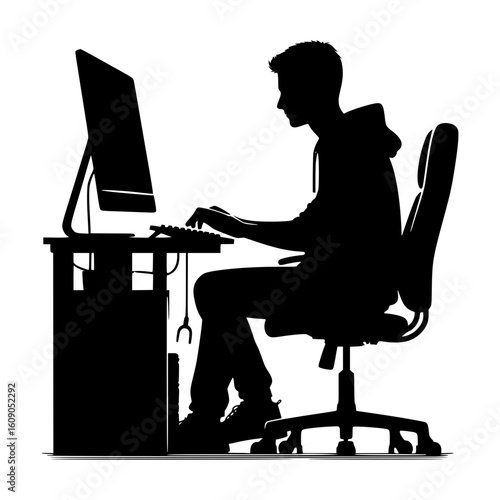 Silhouette of a person working on a computer at a desk