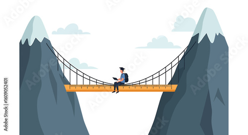 A person sits on a bridge connecting two mountains, reading a book, with a backpack nearby, under a cloudy sky.