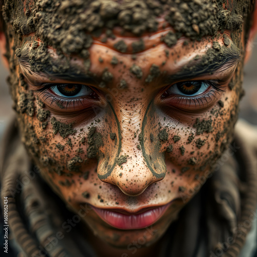 Close-Up of Persons Face Covered in Dirt