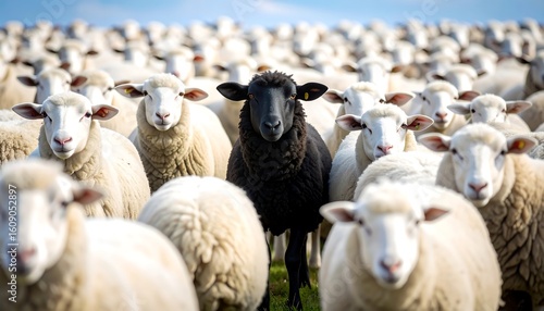 A lone black sheep amidst a large flock of white sheep