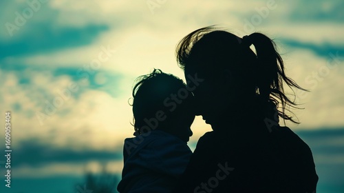 Mother and child silhouette standing together, symbolizing the unbreakable bond and nurturing love between a parent and their offspring, capturing the essence of family unity and emotional connection.