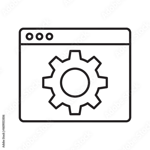 Web development icon with gear in browser window for website settings and backend maintenance showing cms configuration and api integration