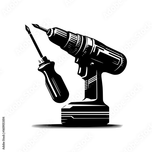 Black and white illustration of a cordless drill and screwdriver