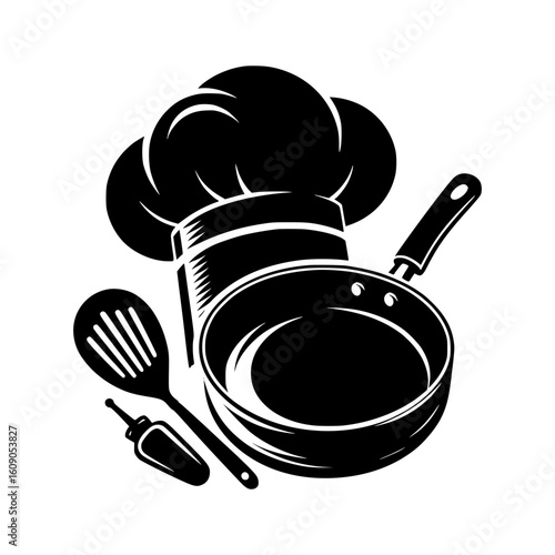 Chef hat frying pan spatula and chili pepper illustration
