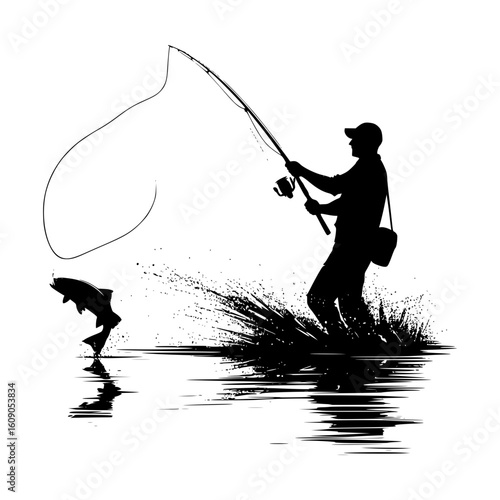 Silhouette of a fly fisherman casting a line with a jumping trout