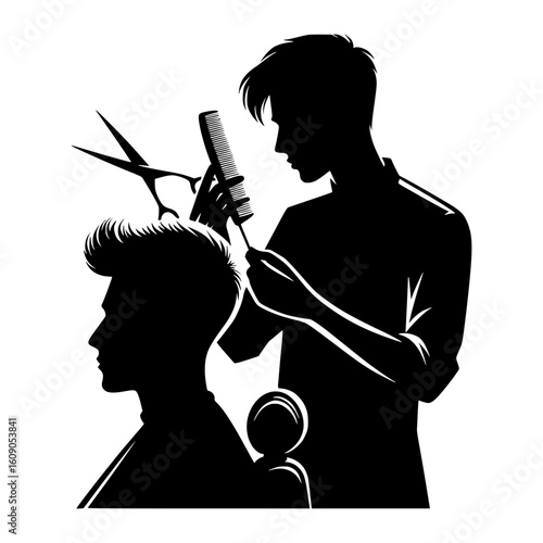 Silhouette of a barber cutting a client s hair with scissors and comb