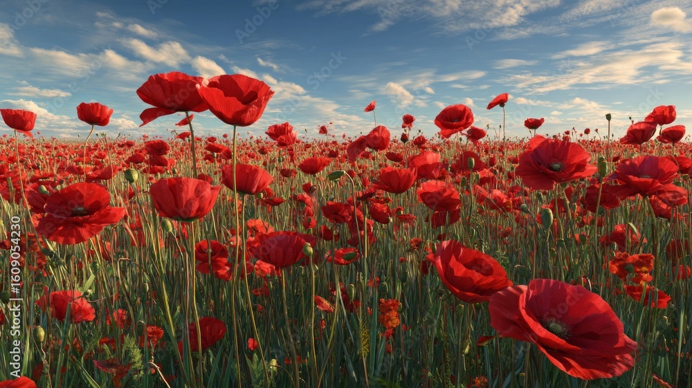 Obraz premium Vibrant poppy field under bright sky. AI image