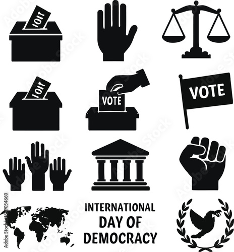 International Day of Democracy – 12/16 Solid Black Silhouette Vector EPS Set Collection