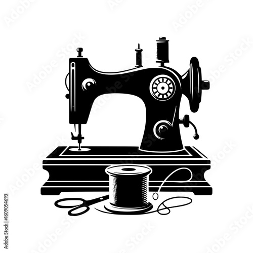 Vintage black sewing machine with spool of thread and scissors