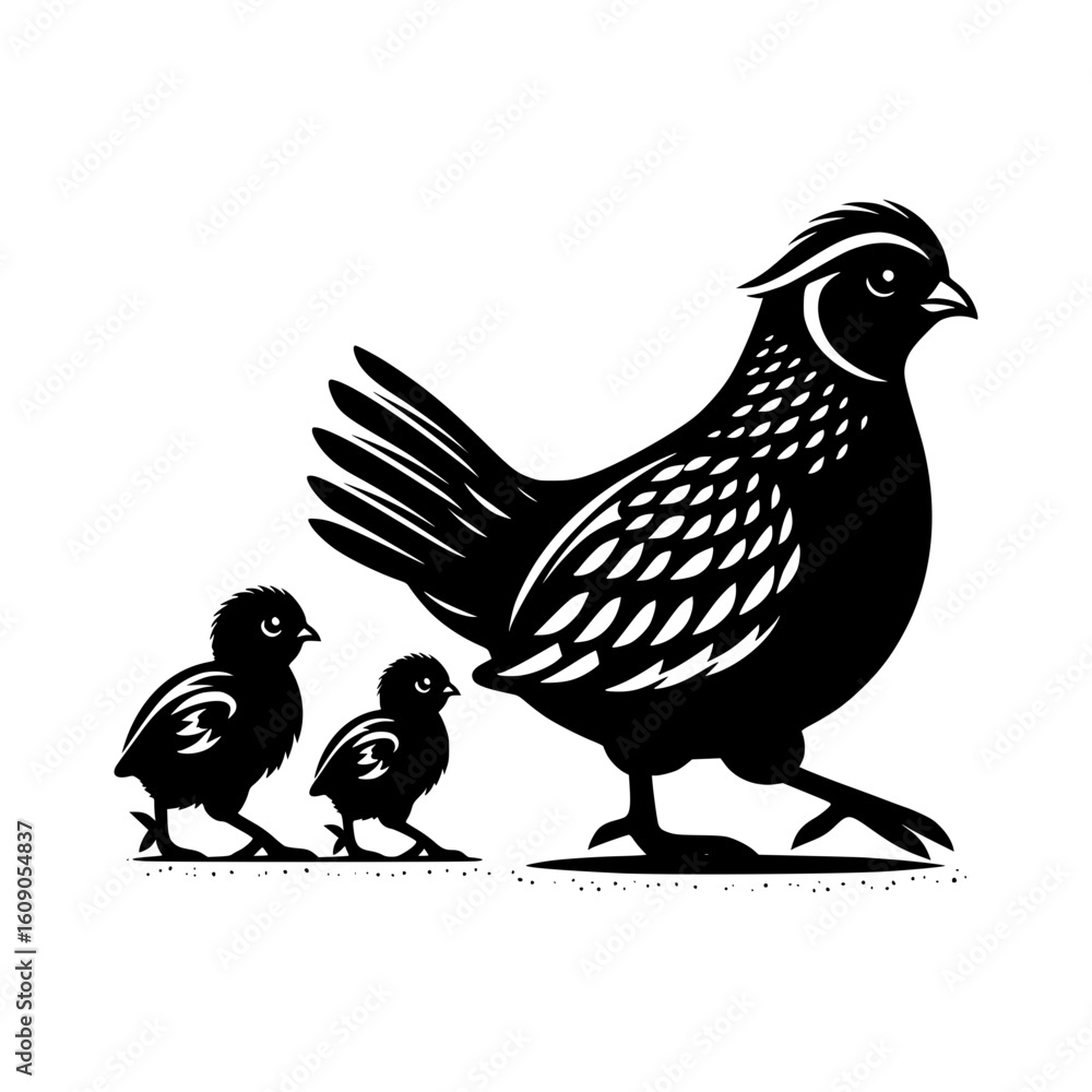 Fototapeta premium Silhouette of a mother quail walking with two chicks
