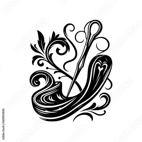 Elegant needle and thread with floral swirls and leaves