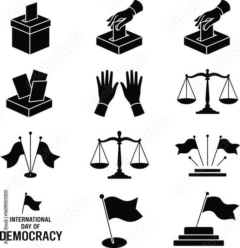  solid black silhouette vector elements such as ballot boxes, voting hands, scales of justice, and democratic symbols, all in EPS format on a white background