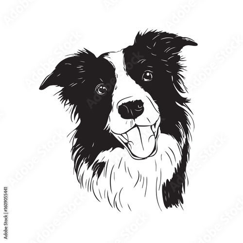 Black and white sketch of a panting Border Collie's head.