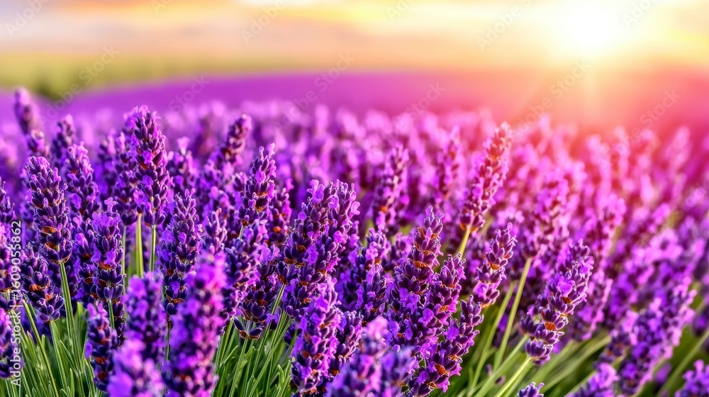 Fototapeta premium Vibrant Purple Lavender Field at Sunset