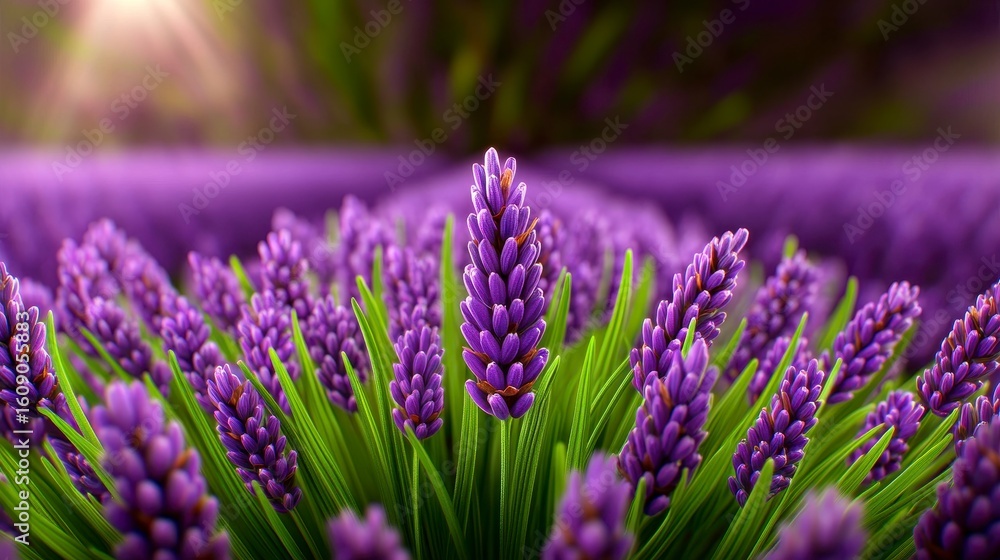 Obraz premium Vibrant Purple Lavender Field in Soft Sunlight